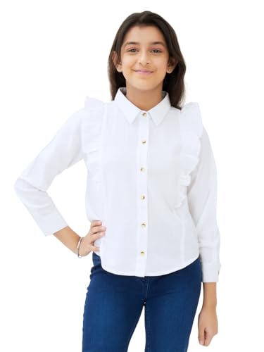 Image of olele Girls Full Sleeve Ruffles Cotton Linen Shirt - White for 4 to 14 Years | Kids Girl White Shirt | White Ruffle Shirt for Girls | Shirt Jeans