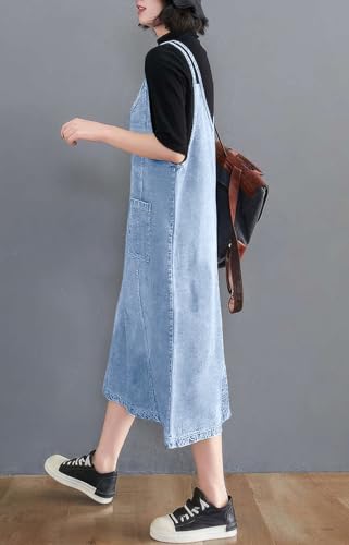 Image of ebossy Women's Sleeveless V Neck Denim Overall Jumper Dress Casual Loose Double Spaghetti Straps Midi Jean Dress