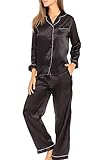Alexander Del Rossa Long Sleeve Satin Pajama Set for Women, PJs Set, Black With Cream Piping Large (A0750BKPLG)
