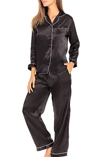 Alexander Del Rossa Long Sleeve Satin Pajama Set for Women, PJs Set, Black With Cream Piping Large (A0750BKPLG)