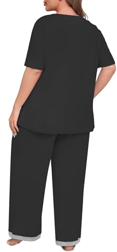 Lastshe Womens Plus Size Pajama Set 2 Piece Short Sleeve Pants Sleepwear Pjs Lounge Set Knit Soft with Pockets4