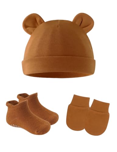 Image of ZURLEFY Cotton Ears Baby Hats Mittens with Socks Set Unisex, No Scratch Mittens and Beanie Cap for Infant Toddler Newborn