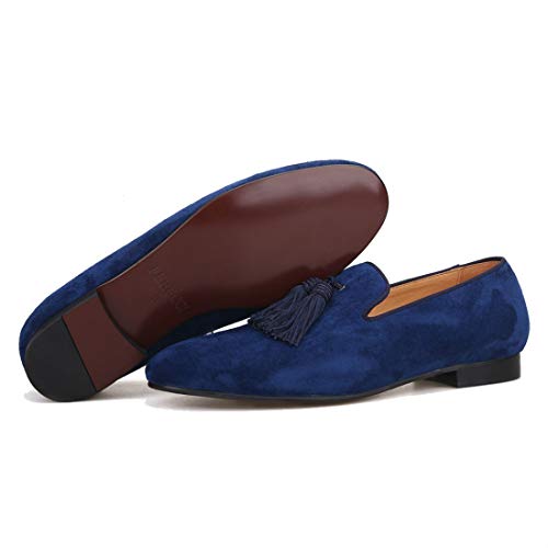 FERUCCI Men Navy Suede Slippers Loafers Flat with Big Navy Tassel