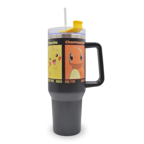 HOX Pokemon Gobelet isotherme en acier inoxydable avec paille et poignée pour eau, thé glacé, café ou smoothie 1200 ml