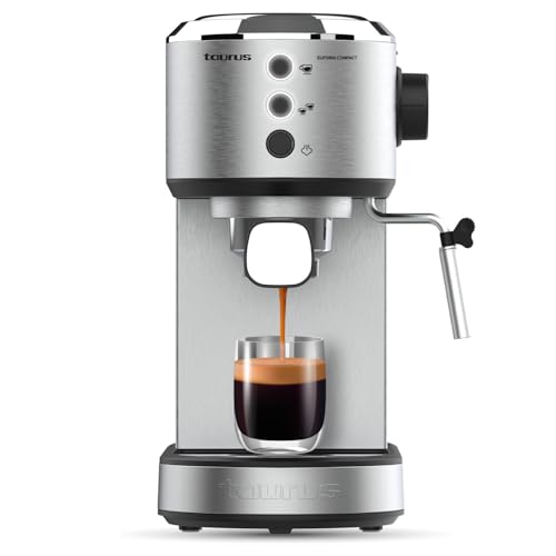 Taurus – Machine à Espresso Euforia Compact 1350W | 20 Bars de Pression | Système Thermoblock | Filtre Supreme Cream | Buse Vapeur Orientable | Double Café Simultané | Cuillère Doseuse