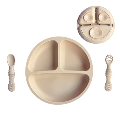 Plato Bebe de Silicona con Ventosa y 2 Cucharas de Aprendizaje, Plato Blw, Cuchara Bebe Aprendizaje, Nivel 1 y 2, Vajilla Bebe para Alimentación Segura y Fácil