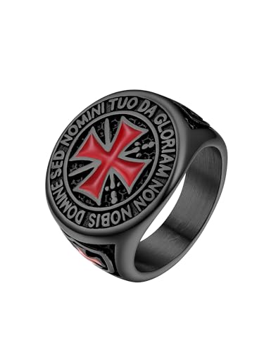 PROSTEEL Bague Chevalière Croix Templière Homme Acier Noir Taille 69