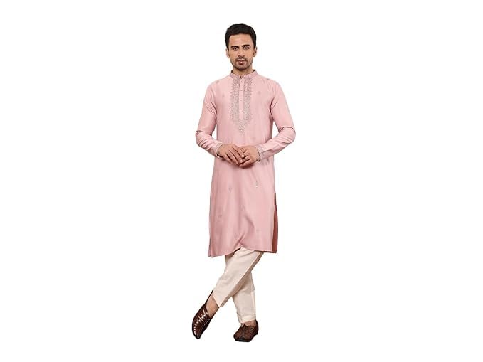 ms multi shades Men's Pink Straight Viscose Silk Kurta with Embroidered Neckline and Motifs,Cream solid trouser style churidar-picture-34