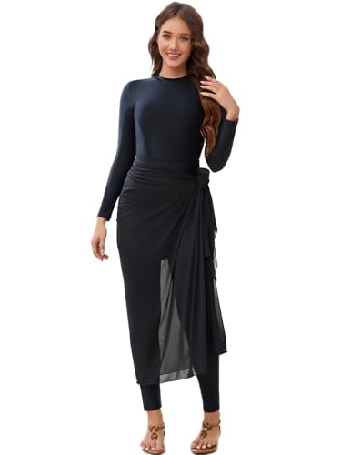 IDOPIP Muslim Burkini Swimsuit for Women's One Piece Swimsuit with Beach Skirt+Cover up Sarong+Pants 4PCS Bathing Suit