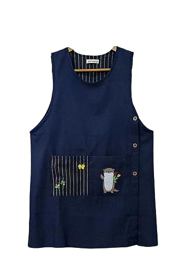 MEILY カワウソ アルパカ アップリケ デニムのエプロン 保育士さん 動物 幼稚園 かわいい ゆったり 着やすい お尻が隠れる ワンピース型