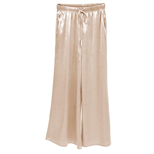 Women's Silk Wide Leg Pants, Loose Comfortable Straight Leg Casual Trousers, High Waist Elastic Waistband Long Pants
