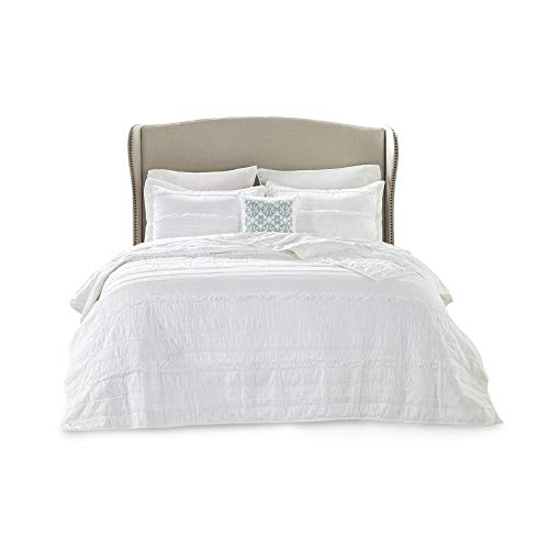 Madison Park Celeste Quilt Modern Classic Design All Season, Breathable Coverlet Lightweight Bedding Set, Matching Shams, Decorative Pillow, King/Cal King(104"X94"), Ruffle White 4 Piece #TOP7