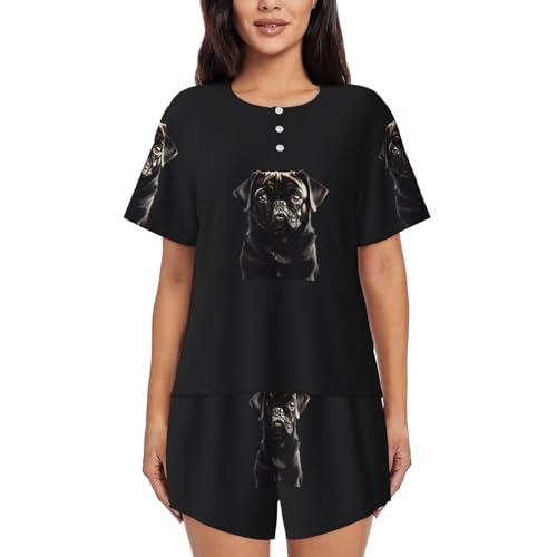 Pijama de carlino negro para mujer de manga corta y pantalón ligero de verano