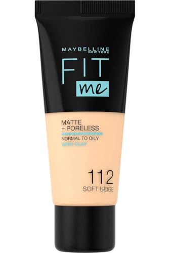 Maybelline New York Fondotinta Fit Me Matte&Poreless, Finish Opacizzante e Fissante, Tonalità: 112 Soft Beige