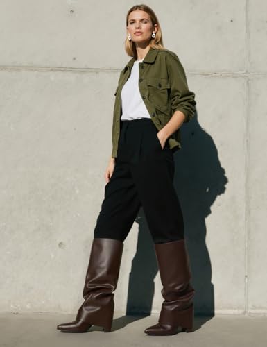 Image of Knee High Boots Women Fold Over Boots Chunky Heel Pointed Toe Tall Boots | Fashion Slouchy Boots,Side Zipper Shark Boots,Fall Spring Winter Fashion Dress Tall Boots,Evening Bridal office Long Boots