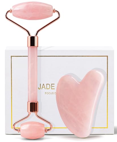 huefull Face Massager Rose Quartz Face Roller & Gua Sha Facial Tool Set, Muscle Tension Relief, Skin...