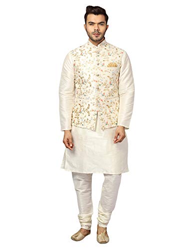 Image of Uri and MacKenzie Men's Silk Blend Regular Kurta Churidar Pyjama with Bundi Nehru Jacket /Waistcoat