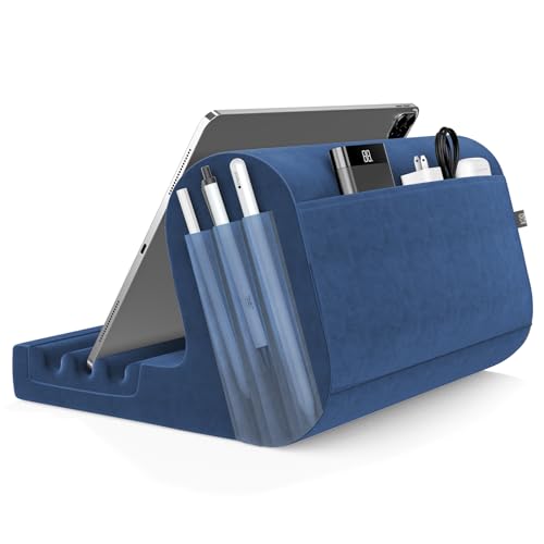 KDD Tablet Kissen Halter, Tablet Halterung Bett mit 2 Tasche & 3 Stylus Halterung, iPad Ständer Tisch Sofa, Tablet Kissenständer für iPad Pro 12.9 Air Mini 5 4 3 2, Galaxy Tab, E-Reader, Buch (Blau)