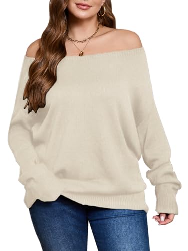SOLY HUX Women's Plus Size Sweater Off Shoulder Long Sleeve Fall Sweaters Loose Lightweight Pullover Tunic Tops Solid Apricot 3X-Large Plus