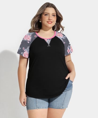 Image of CARCOS Plus Size Tops for Women Short Sleeve Shirt Summer Star /Leopard /Tie Dye /Flower Crewneck Pullover Tunic XL-5XL