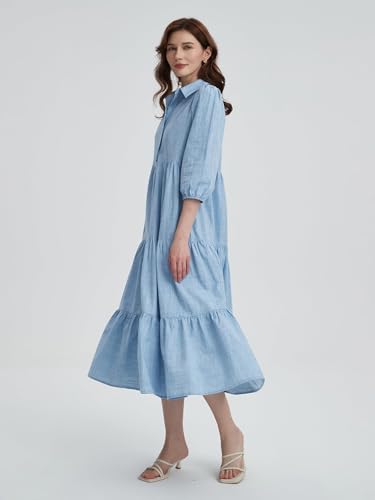 Image of Women Button Down Maxi Shirt Dress Long Sleeve Flowy Tiered Collared Dresses with Pockets