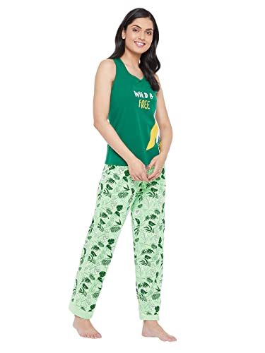 Image of Clovia Women's Cotton Printed Tank Top & Pyjama Set - Green