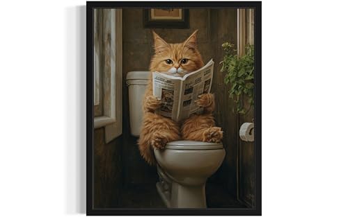 Image of Cat 3 on Toilet Black Framed Wall Art Print Poster, Dog Bathroom Humor Decor Posters Prints for Restroom Home Picture Painting Artwork Gallery 7 (Cat 3, 20 inchL x 16 inchW, Black Frame)