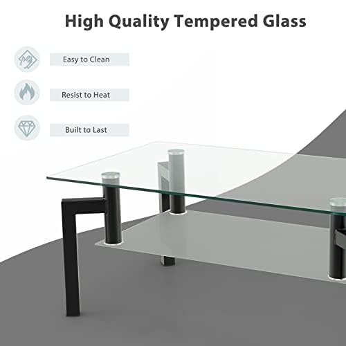 LIFEZEAL Tavolino da Salotto in Vetro Temperato, Tavolino da Caffè, Tavolino da Divano, Tavolino Basso a 2 Rpiani, Gambe in Metallo, per Soggiorno, Ufficio, Montaggio Semplice, Max 120kg, 100x60x43 cm