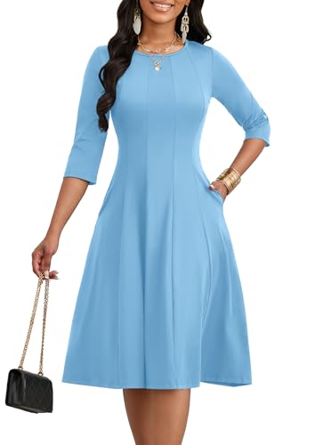 Image of CLOCOR Casual Midi Dresses for Women A-Line Fit and Flare Elegant Church 3 /4 Sleeve Crew Neck Dress with Pocket