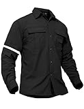 TACVASEN Men's Long Sleeve Work Shirt for Construction Button Up Zip Off Sleeve Tactical Shirts Cargo Nylon Clothes Black, L