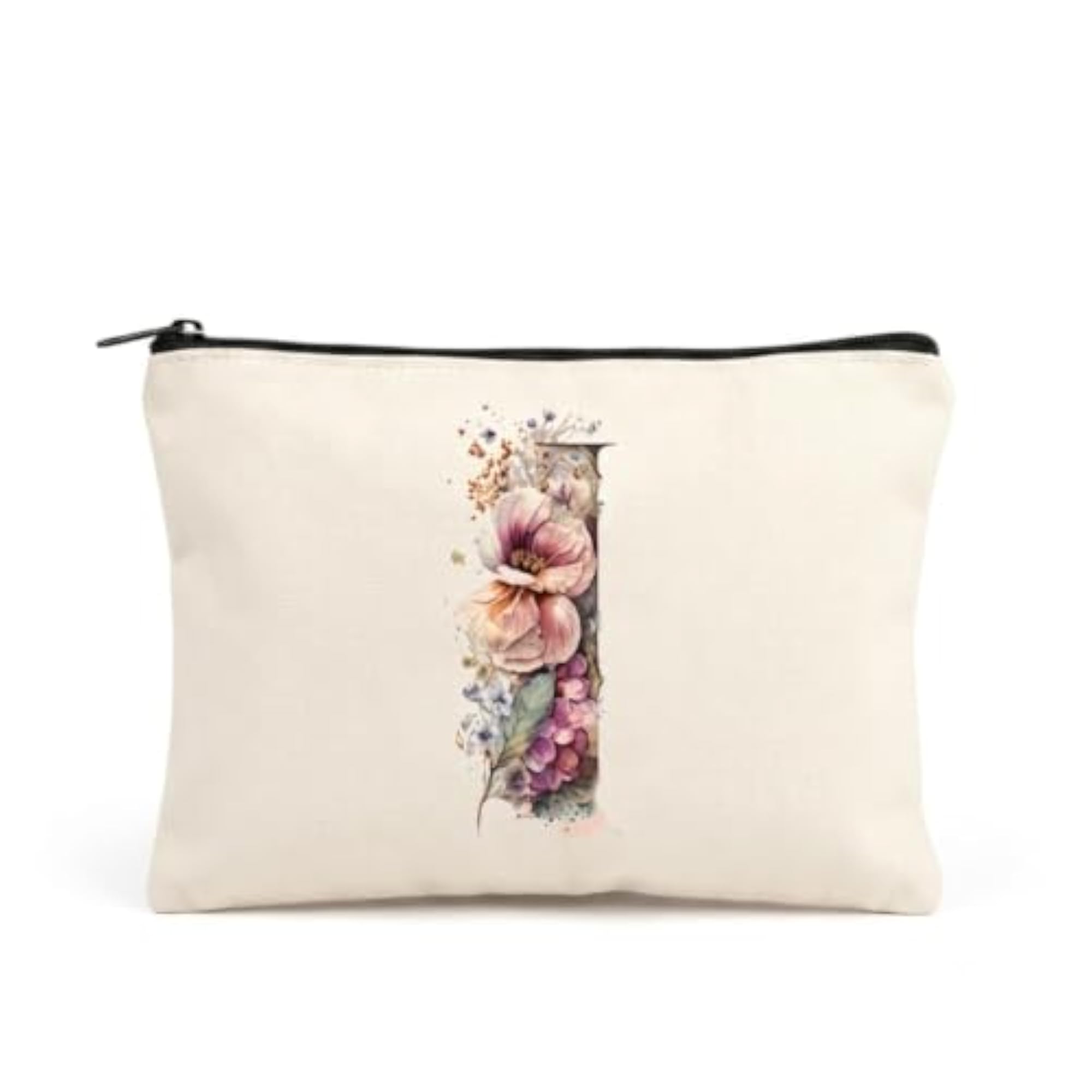 Floral Letter i Initial Printed Multipurpose Zipper Pouch, Travel Organizer