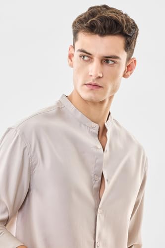 Image of SNITCH Men Casual Shirt | Oversized Fit Full Sleeve Mandarin Collar Solid Design | Modal Blend & Breathable Fabric for Everyday Wear & Semi-Formal Occasions