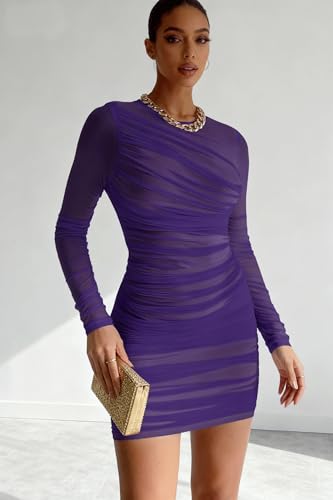 Image of MOEENCN Women's Sexy Mesh Dress Square Neck Long Sleeve Ruched Printed Bodycon Party Club Cocktail Mini Dresses