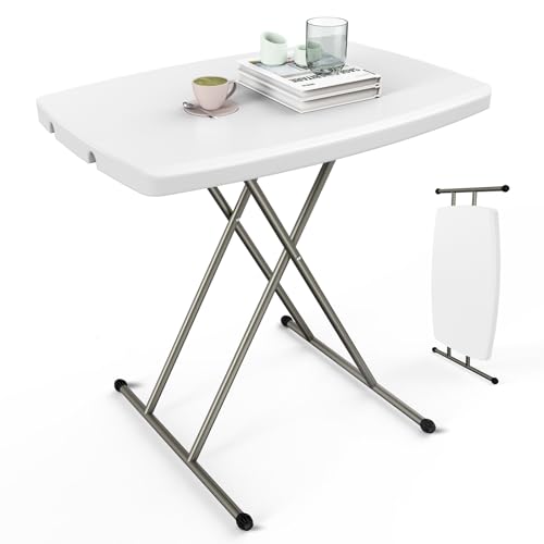 VINGLI Small Adjustable Folding Table 13.8 in-28 in Height Personal Laptop TV Tray HDPE Plastic Top with Steel Frame 30 inch White