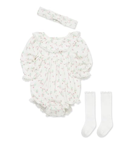 Little Me Clothes for Baby Girls' Woven Bubble Romper, Matching Headband, and Socks Set, 3 Months to 12 Months3