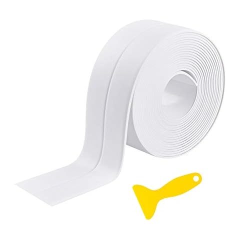 Dreetino Bath Sealant Strip,11ft Self Adhesive Caulk Strip Sealant Tape for Kitchen, Bathroom, Toilet, Wall Corner with Sealing Tool - White Cover