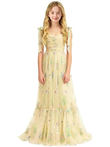 Tianzhihe Floral Embroidered Tulle Flower Girls Dress Spaghetti Straps Bridesmaid Dresses for Teens Long Champagne Ruched 2026 US5