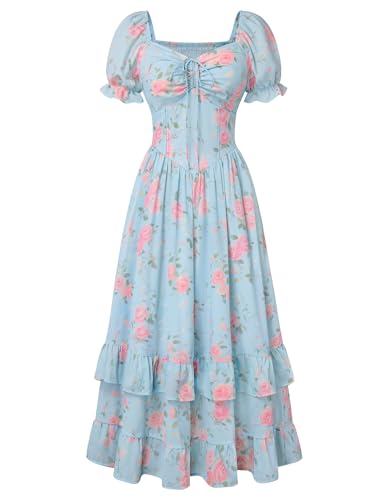 Image of Scarlet Darkness Women Floral Maxi Dress Puff Sleeve Tea Party Corset Dress | Pockets, Ruched Bust, Ruffled Hem, for Cottagecore Fairy Milkmaid Vacation