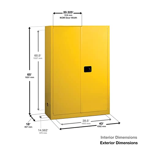 Image of Justrite 60 Gallon Self Close Paint and Ink Safety Cabinet, 18 Gauge Steel, 5 Shelves, 43 inch x 65 inch x 18 inch, 2 Door Combustibles Cabinet, Made in The USA, Yellow, 894530