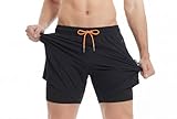 MaaMgic 2 in 1 Badehose für Herren mit Kompression Innenhose | 7\ Schnelltrocknend Badeshorts Männer 4 Way Stretch Boardshorts mit Reißverschlusstasche Verstellbar Tunnelzug,7 Pur Schwarz,L