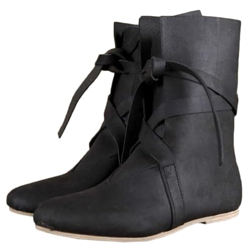 DJFOG Bottes de Chevalier médiévales en Cuir PU, Bottes de Cosplay médiévales Renaissance pour Hommes et Femmes, Bottes Vintage à Fond Plat, Chaussures à Lacets,Noir,44 EU