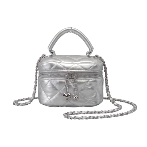 Mini Box Crossbody Bag Mini Makeup Bag Silver Quilted Metallic Purse with Chain Strap Top Handle & Heart Charm Womens Evening Clutch