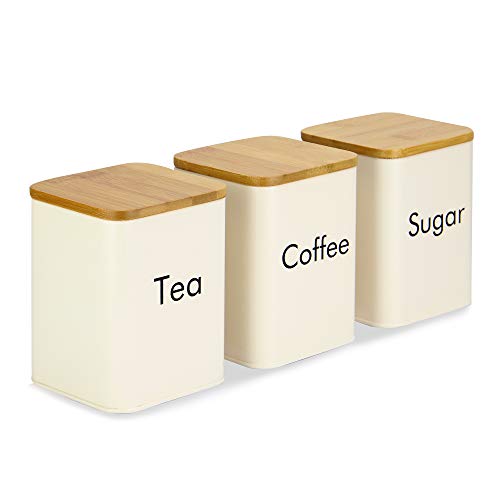 Maison & White 4 Piece Kitchen Canister Set – Tea, Coffee & Sugar Tins plus Bread Bin (Larger Capacity) with Airtight Bamboo Lids & Embossed Metal Finish | M&W - Cosy Home Interiors Maison & White 4 Piece Kitchen Canister Set – Tea, Coffee & Sugar Tins plus Bread Bin (Larger Capacity) with Airtight Bamboo Lids & Embossed Metal Finish | M&W - Image 3