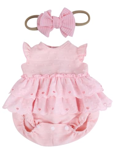 EKOKIZ Baby Doll Clothes, Pink Lace Ruffle Romper & Bow Headband 2-Piece Set for 17-20 Inch Reborn Baby Dolls, Soft Princess-Style Doll Outfit for Pretend Play & Photography