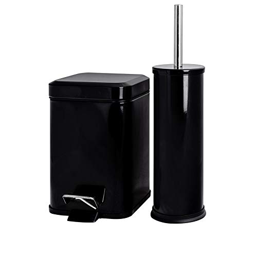 Harbour Housewares 3L Bathroom Bin & Brush Set - Black - 2pc Mismatched Stainless Steel Square Pedal Bin & Round Toilet Brush Set Slim Small Trashcan for Kitchen Waste, Bathroom Rubbish