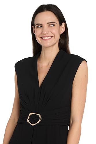 Image of R&M Richards Women's Sleeveless Jumpsuit with Sculpted Buckle Detail & Flowing Overlay for Formal Occasions, Wedding Guest