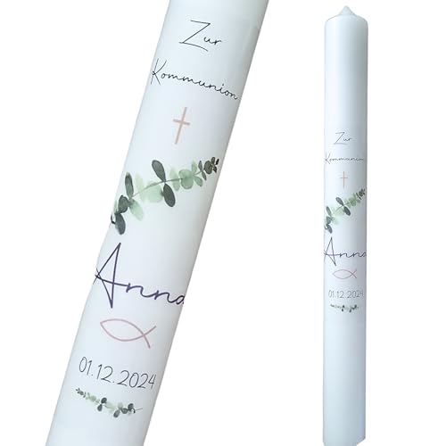 Taufkerze Kommunionkerze Eukalyptus Zweig - Anna - personalisiert...