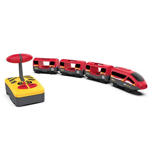 BAYAGU Tren eléctrico teledirigido para niños con 3 vagones, luces y sonidos, tren teledirigido compatible con rieles de madera, locomotora con mando a distancia, juego educativo, regalo 3+