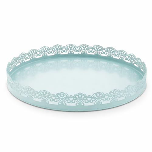Image of Gold Finish Decorative Metal Tray | Multipurpose Serving & Vanity Tray | Premium Cutwork Design | Home Decor Organizer | 28 x 4 cm (Mint Green)