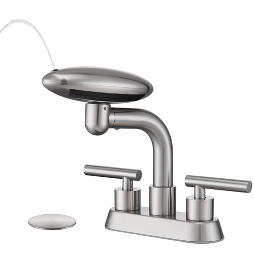 Bathroom Sink Faucet 3 Hole Brushed Nickel 4 Inch Centerset，4 Modes Waterfall Bathroom Faucet 2 Handle with 360° Swivel Spout & Pop Up Drain